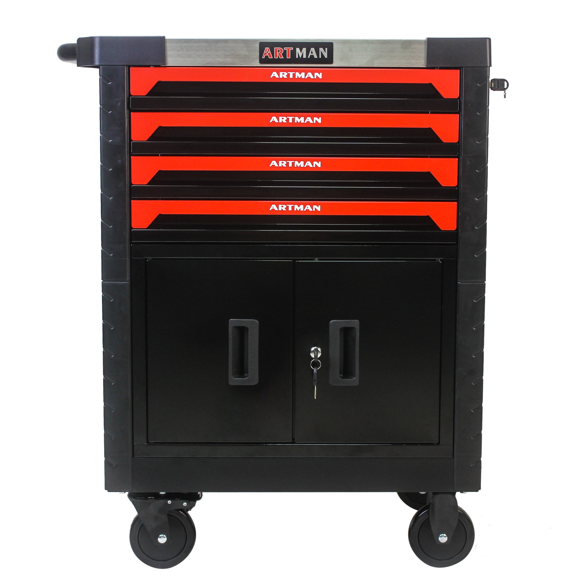 Removable 4-Drawer Metal Tool Cart with Lock, Black/Red