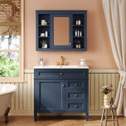 36'' Bathroom Vanity with Top Sink, Modern Bathroom Storage Cabinet with Mirror, 2 Drawers and a Tip-out Drawer, Mirror Cabinet with 6 Open Shelves, Single Sink Bathroom Vanity