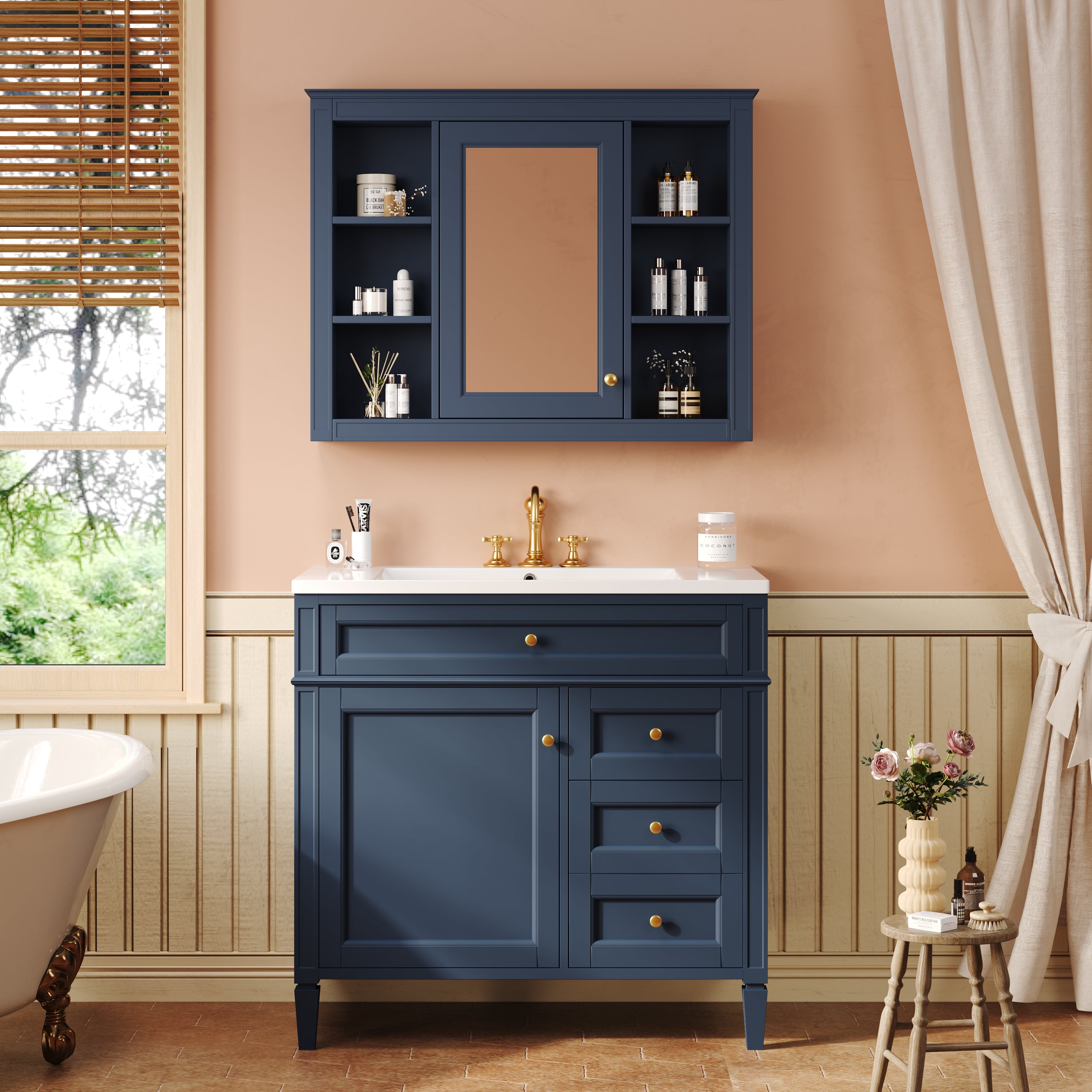 36'' Bathroom Vanity with Top Sink, Modern Bathroom Storage Cabinet with Mirror, 2 Drawers and a Tip-out Drawer, Mirror Cabinet with 6 Open Shelves, Single Sink Bathroom Vanity