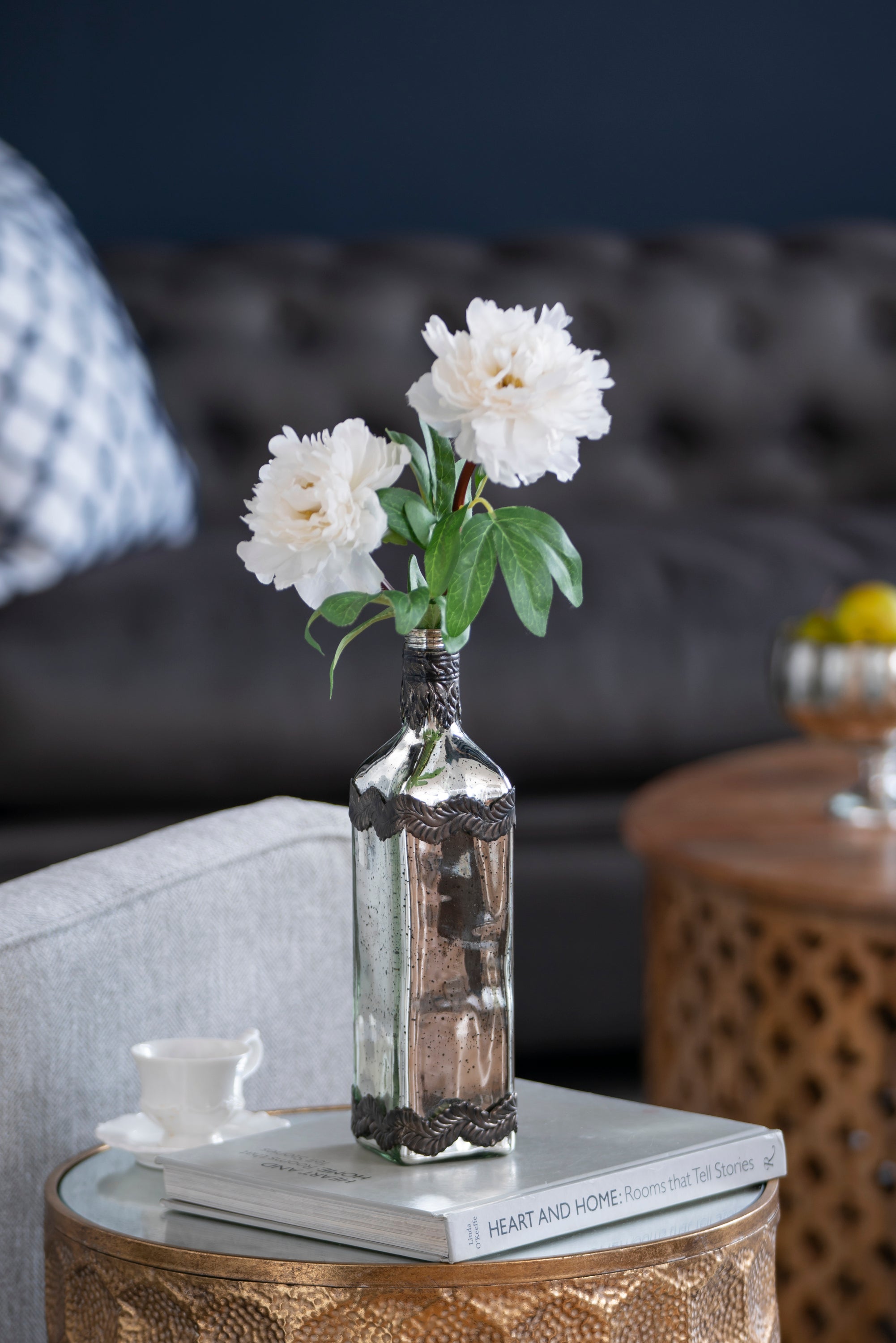 D3x12' Antique Silver Decorative Glass Bottle Vase with Bronze Leaf Accents