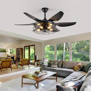 52' Modern Black Ceiling Fan with Light, 6 Fan Blades and Industrial Cage Design, Adjustable Speed for Living Room, Bedroom, Dining Room (Silent/6-Speed/Reversible/DC Motor) (Bulb Not Included)