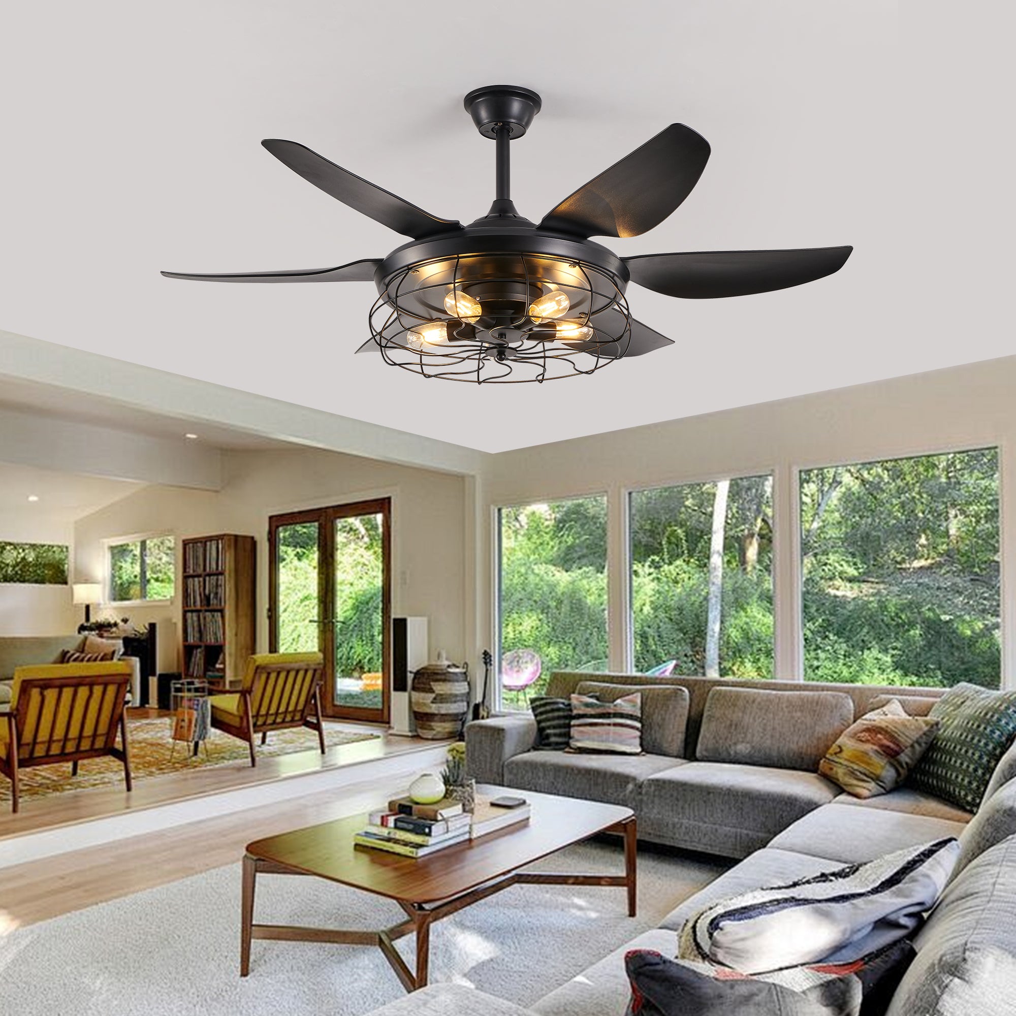 52' Modern Black Ceiling Fan with Light, 6 Fan Blades and Industrial Cage Design, Adjustable Speed for Living Room, Bedroom, Dining Room (Silent/6-Speed/Reversible/DC Motor) (Bulb Not Included)