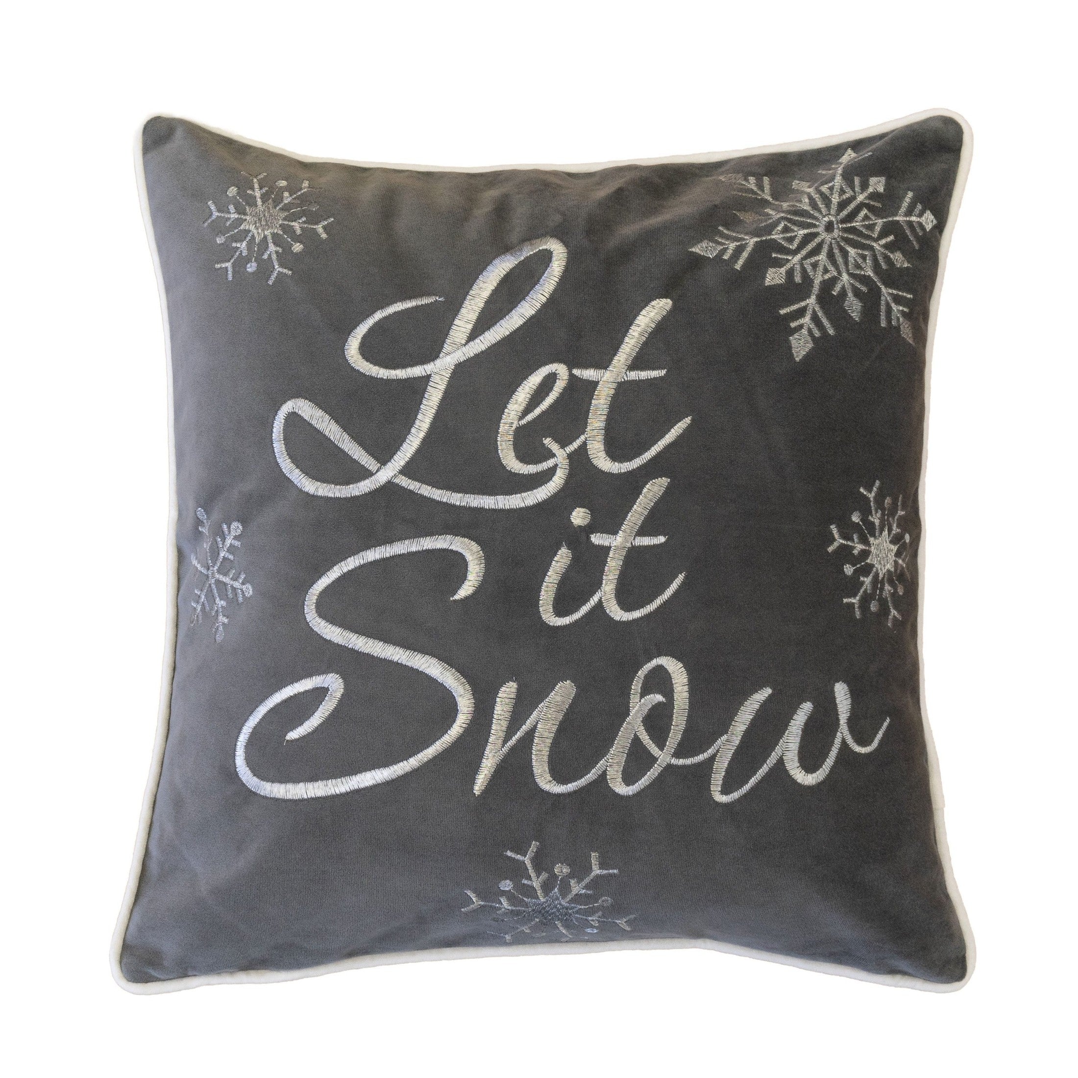 Let It Snow Embroidered Cotton Throw Pillow – 20x20' Gray Winter Accent Cushion with Insert