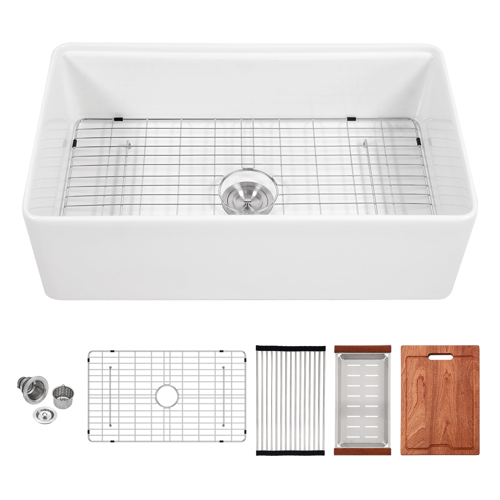 White Kitchen Sink Workstation - 33 inch Porcelain Ceramic Single Bowl Sink with Work Surface, White, Ceramic