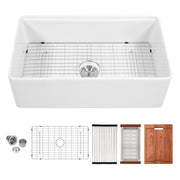 White Kitchen Sink Workstation - 33 inch Porcelain Ceramic Single Bowl Sink with Work Surface, White, Ceramic