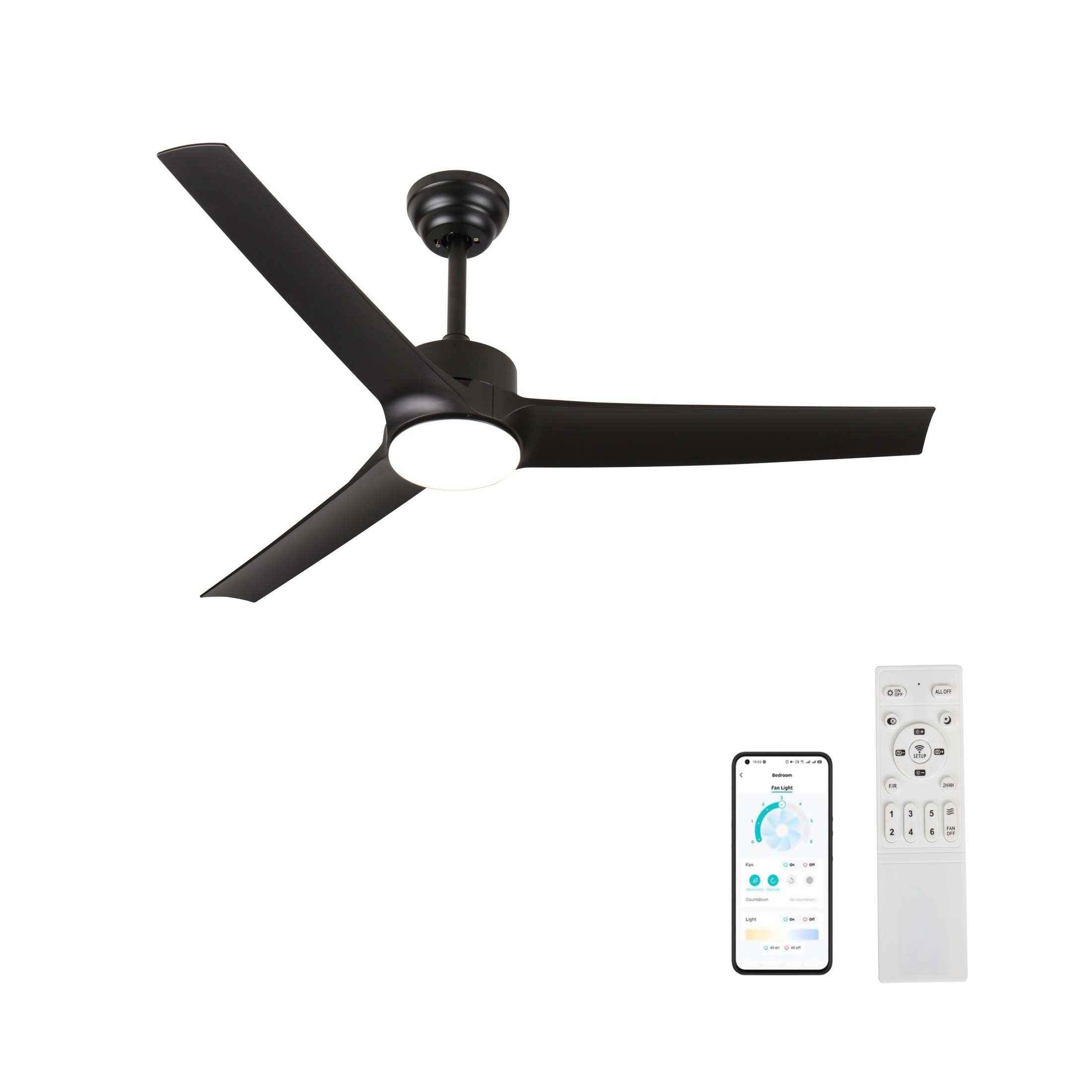 52 Inch black Ceiling Fan with light, Ceiling Fan with 3 Reversible Blades, 2 Downrods, 6-Speed Remote Control