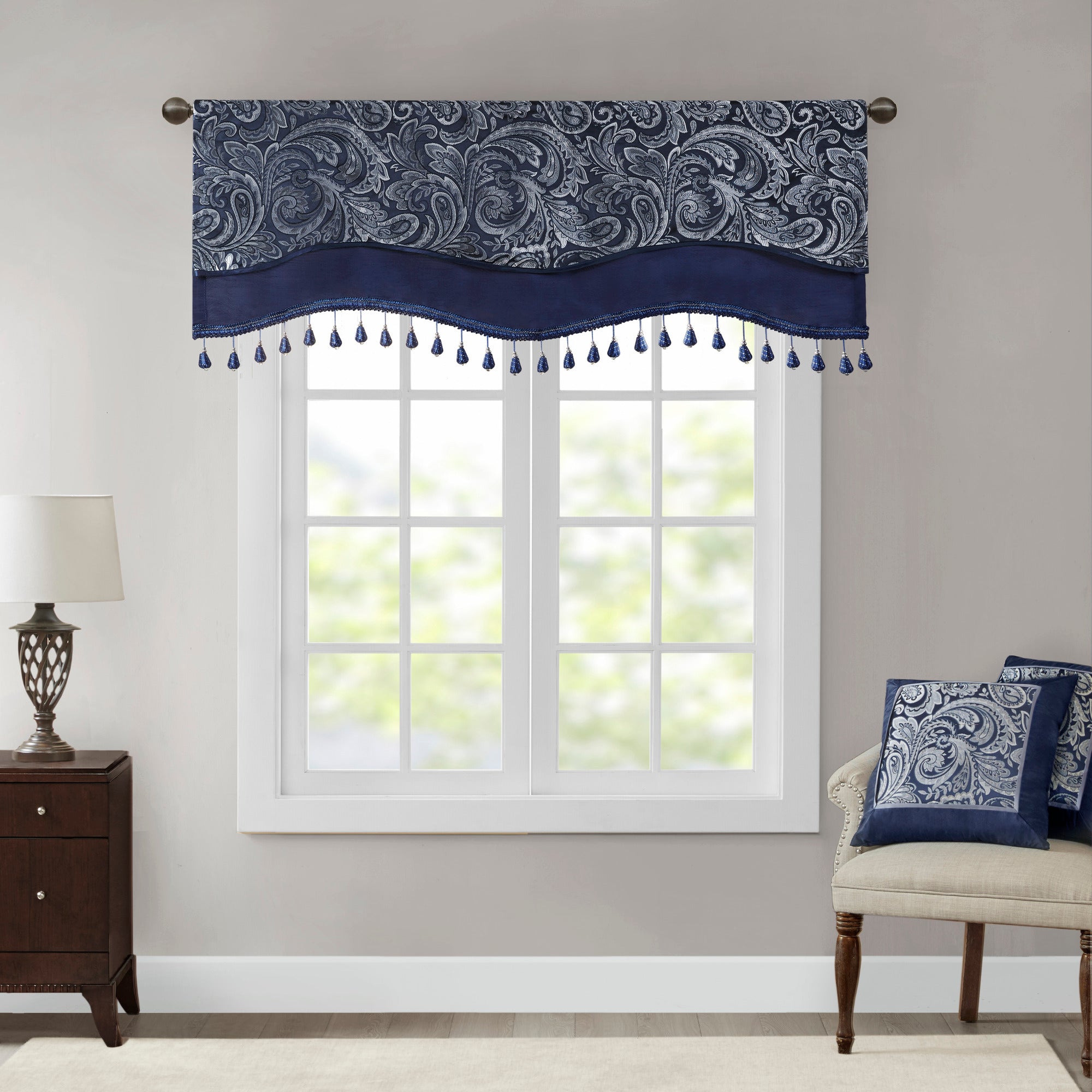 Jacquard Window Rod Pocket Valance With Beads Navy 50x18'