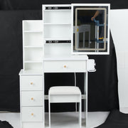29.2' Small Size Left Bedside Cabinet Vanity Table + Cushioned Stool, 2 AC+2 USB Power Station, Hair dryer bracket, Extra Large Touch Control Sliding LED Mirror, Tri-color Switching, Brightness Adjust