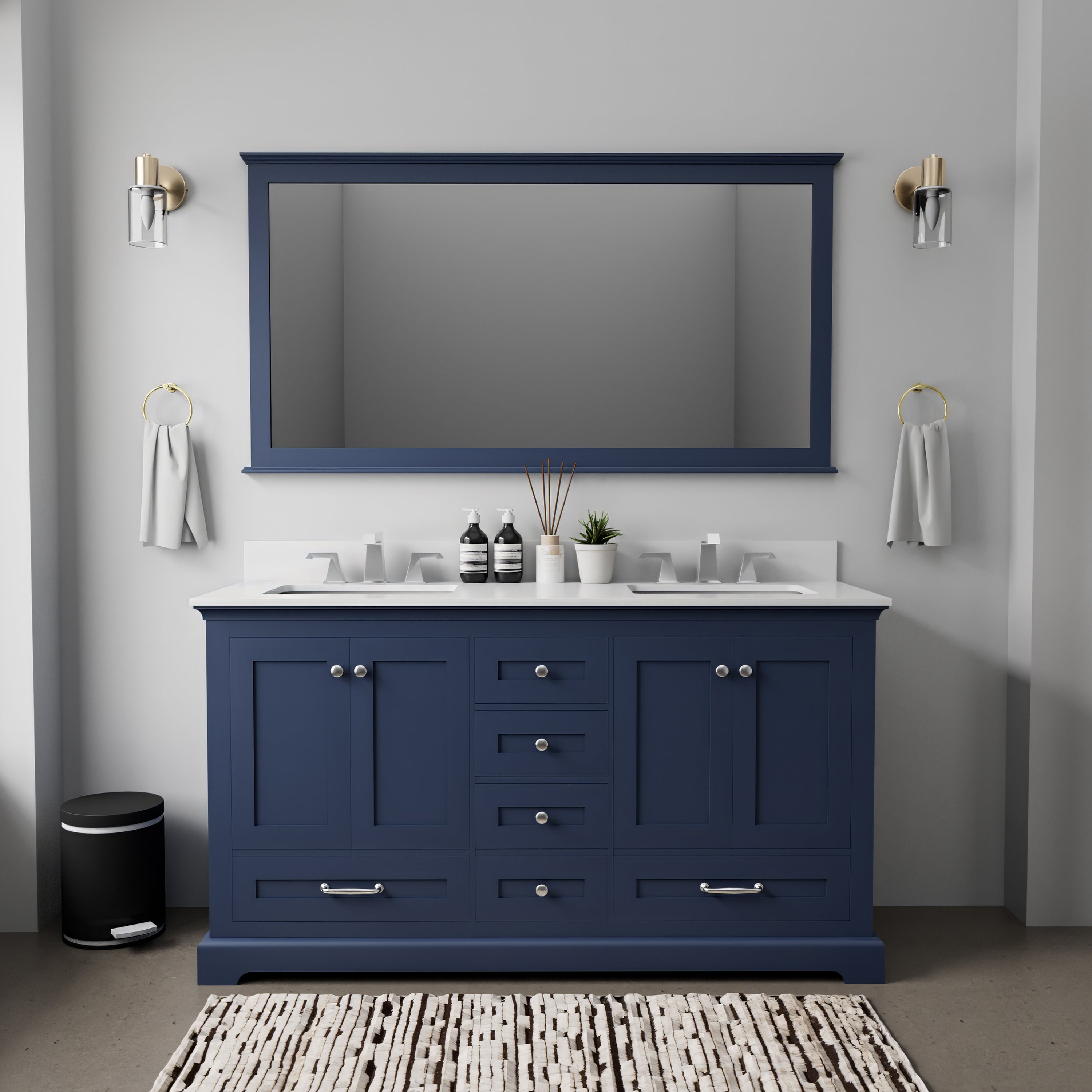 Navy Blue Double Bath Vanity 60 in. W x 22 in. D, White Quartz Top, and Faucet Set