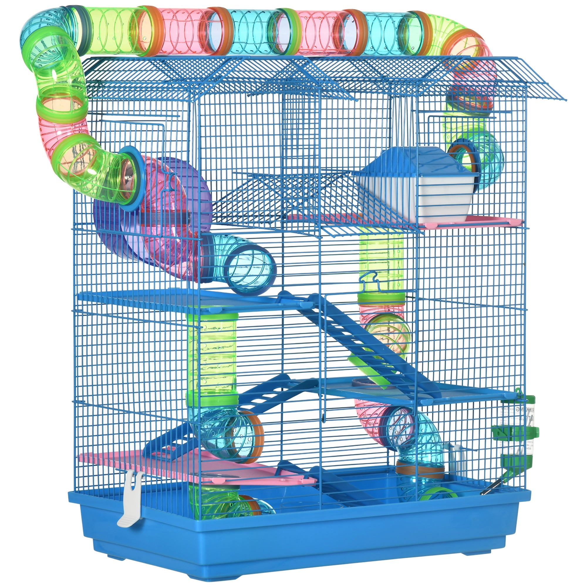 PawHut 18.5' 5 Tier Hamster Cage with Tubes and Tunnels, Small Animal Cage, Rat Gerbil Cage with Water Bottle, Food Dish, Exercise Wheel, Blue