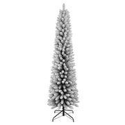 7FT Flocked Pencil Christmas Tree – Slim PVC Tree with 469 Snowy Tips, Space-Saving Design, Realistic Snow Effect, Sturdy Metal Stand, Easy Setup