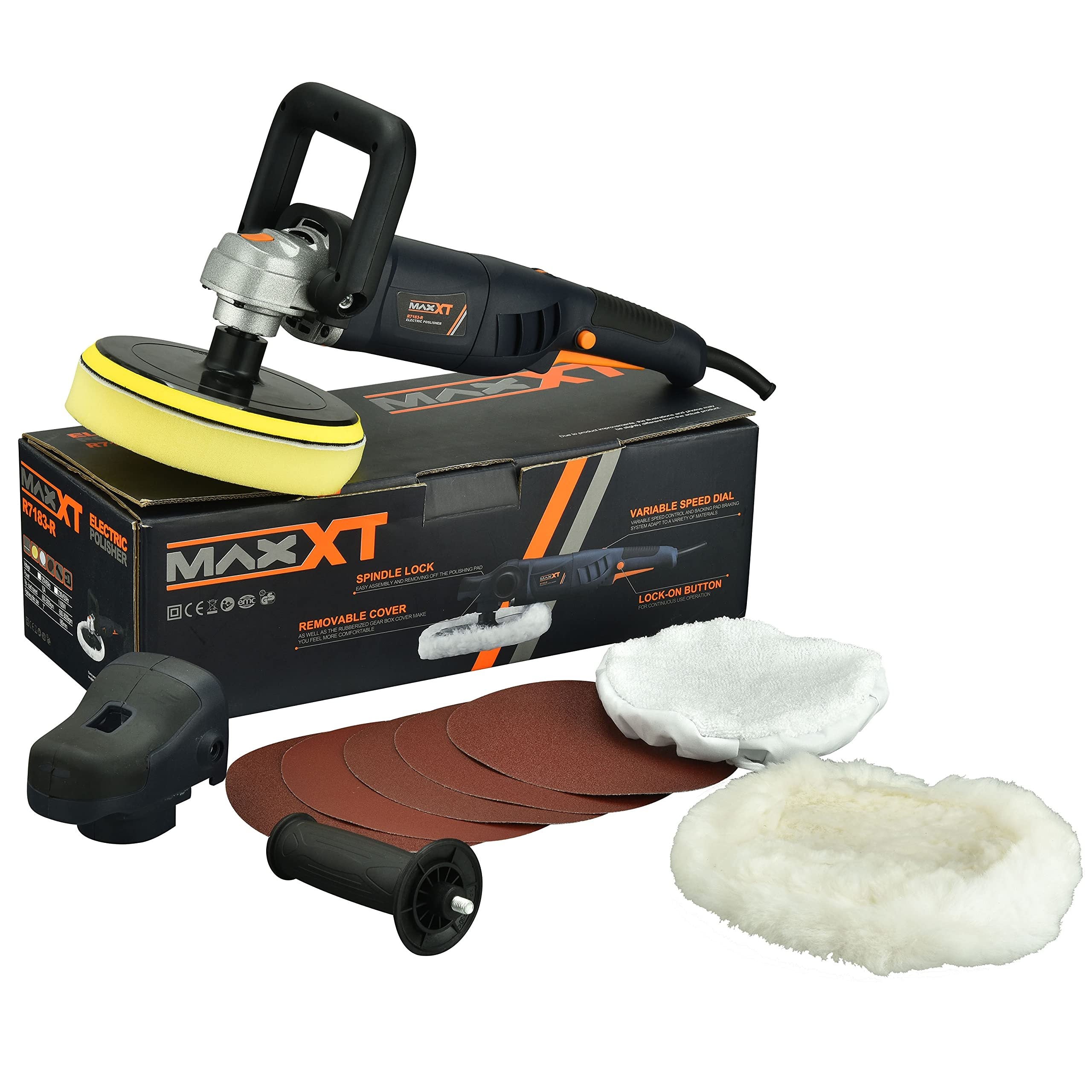 Car Buffer Polisher Rotary Variable Speed Car Polishing Machine 7 Inch Car Detailing Kit with D and Side Handle, Woolen fleece hood, Terry polishing bonnet, Sanding discs