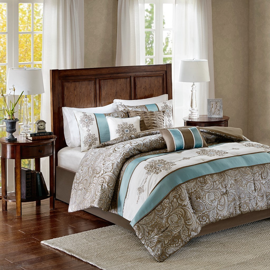 Jacquard 7 Piece Comforter Set Blue Queen