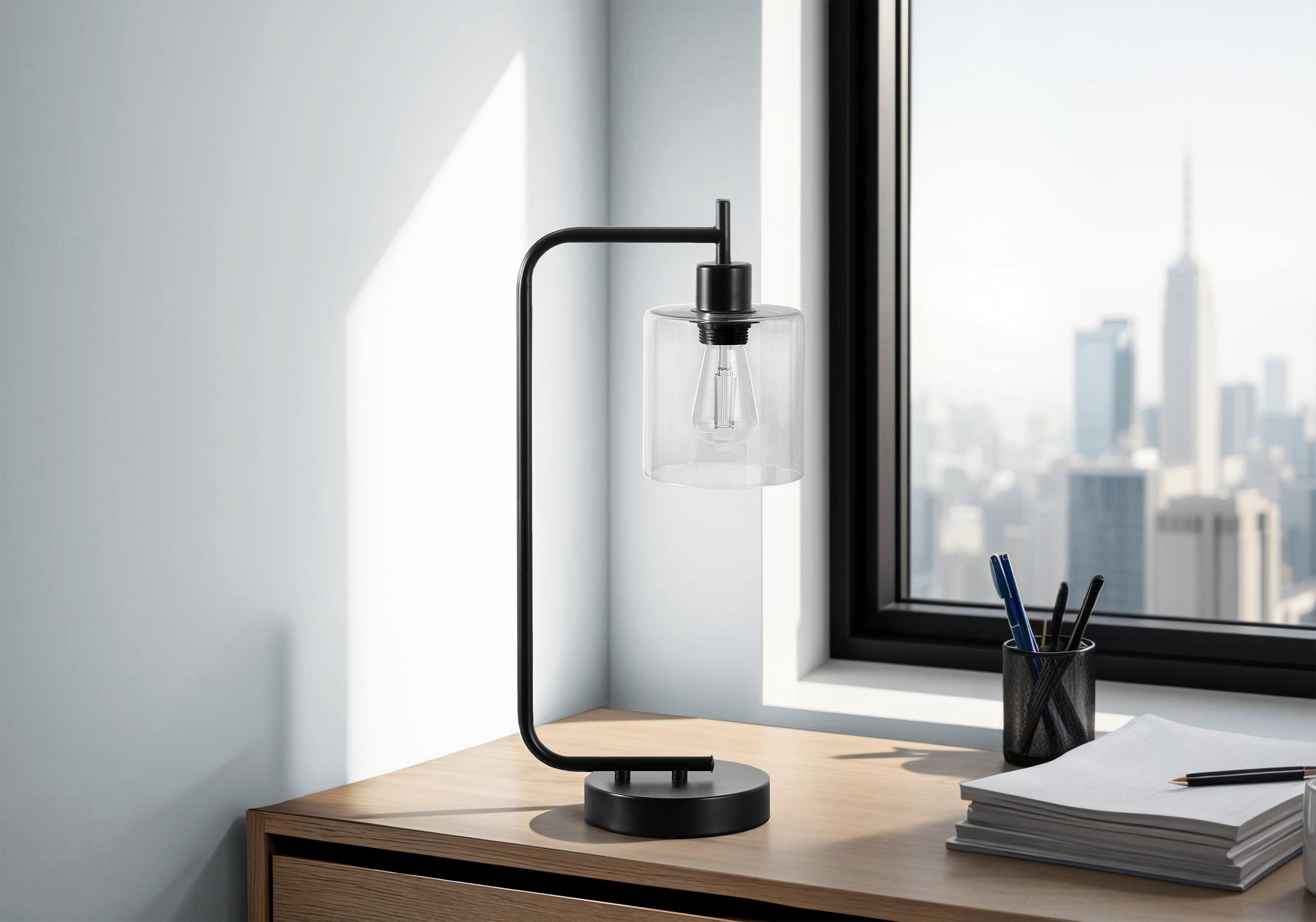 Lighting, 20'h, Table Lamp, Usb Port Included, Black Metal, Glass Shade, Modern