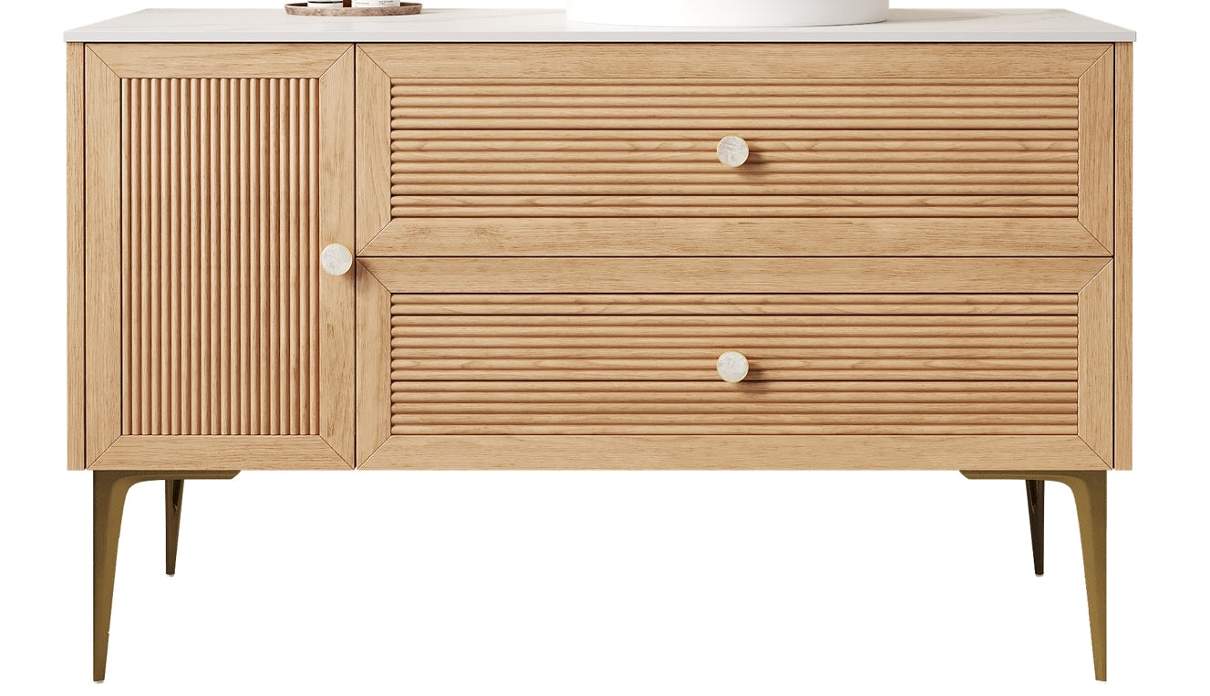 MUNIN 48' Freestanding Bathroom Cabinet with Carrara White Sintered Stone Counter Top, Two Drawers and One Door, NO Basin, Light Oak Woodgrain Color