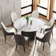53' Round Marble Dining Table with Black Textured Solid Wood Base, Artificial Marble for 6 People, Dining Room/Living Room Kitchen Dining Table,White (Dining Table Only)