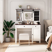 Farmhouse Makeup Vanity with Mirror and Lights,41.73' Wide Vanity Desk ,Vanity Table with 4 Drawers and 1 Cabinet,3 Color Modes, Dressing Table for Bedroom