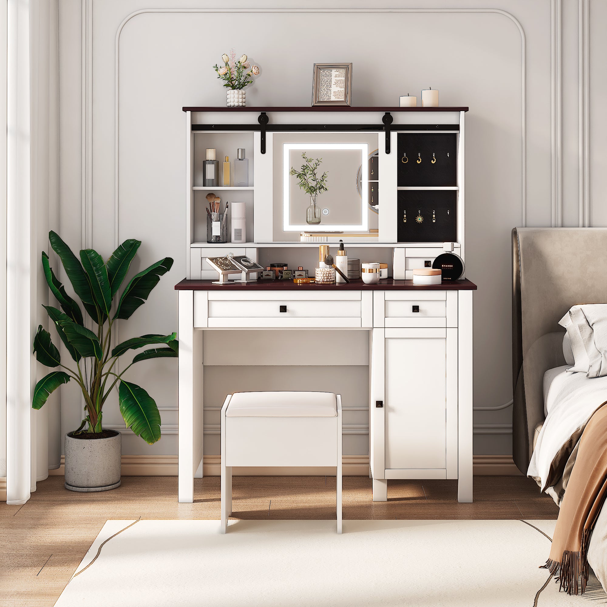 Farmhouse Makeup Vanity with Mirror and Lights,41.73' Wide Vanity Desk ,Vanity Table with 4 Drawers and 1 Cabinet,3 Color Modes, Dressing Table for Bedroom