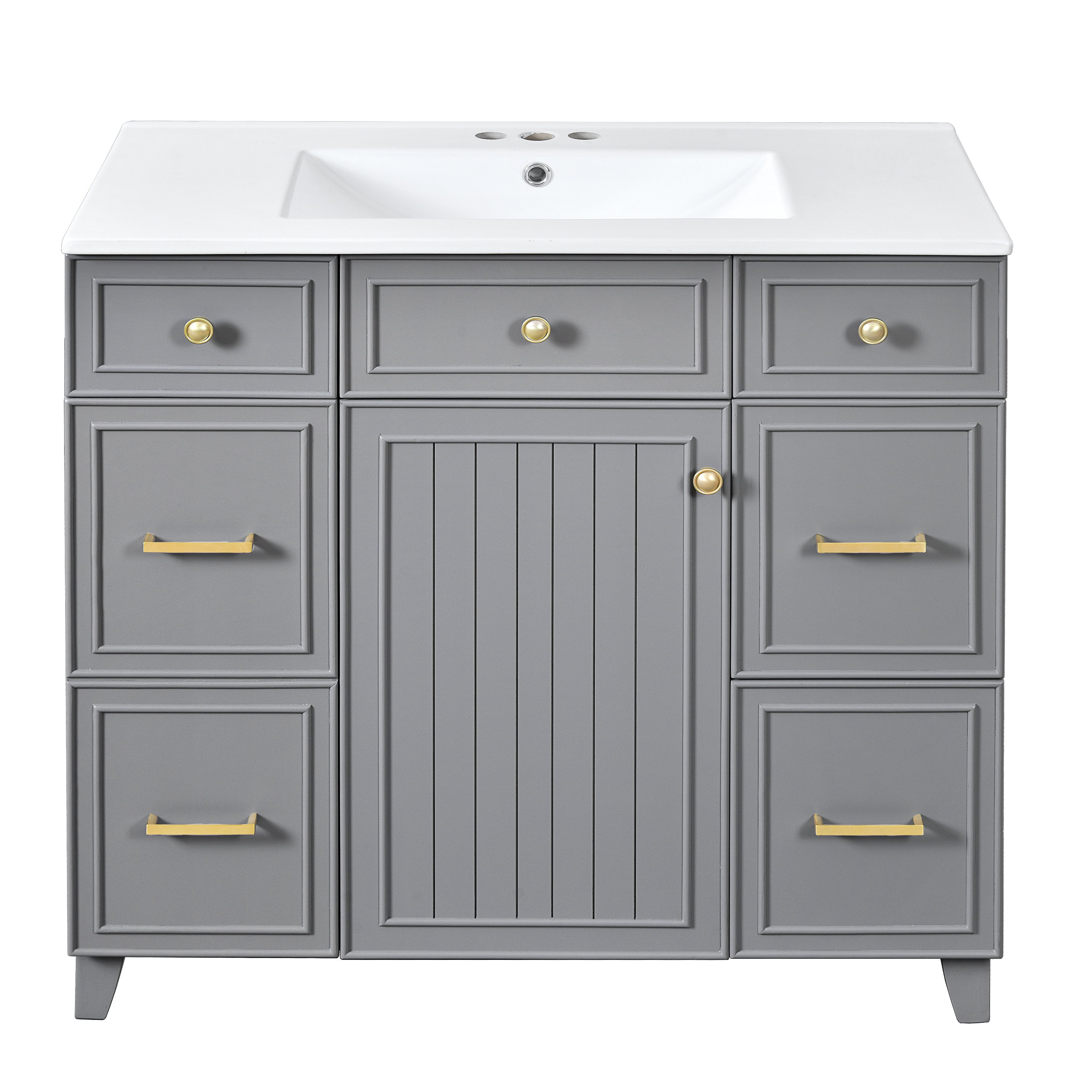 Transitional Grey Bathroom Vanity with Ceramic Sink, Solid Wood Frame, Soft Close Doors, Adjustable Shelves, 36 Inch