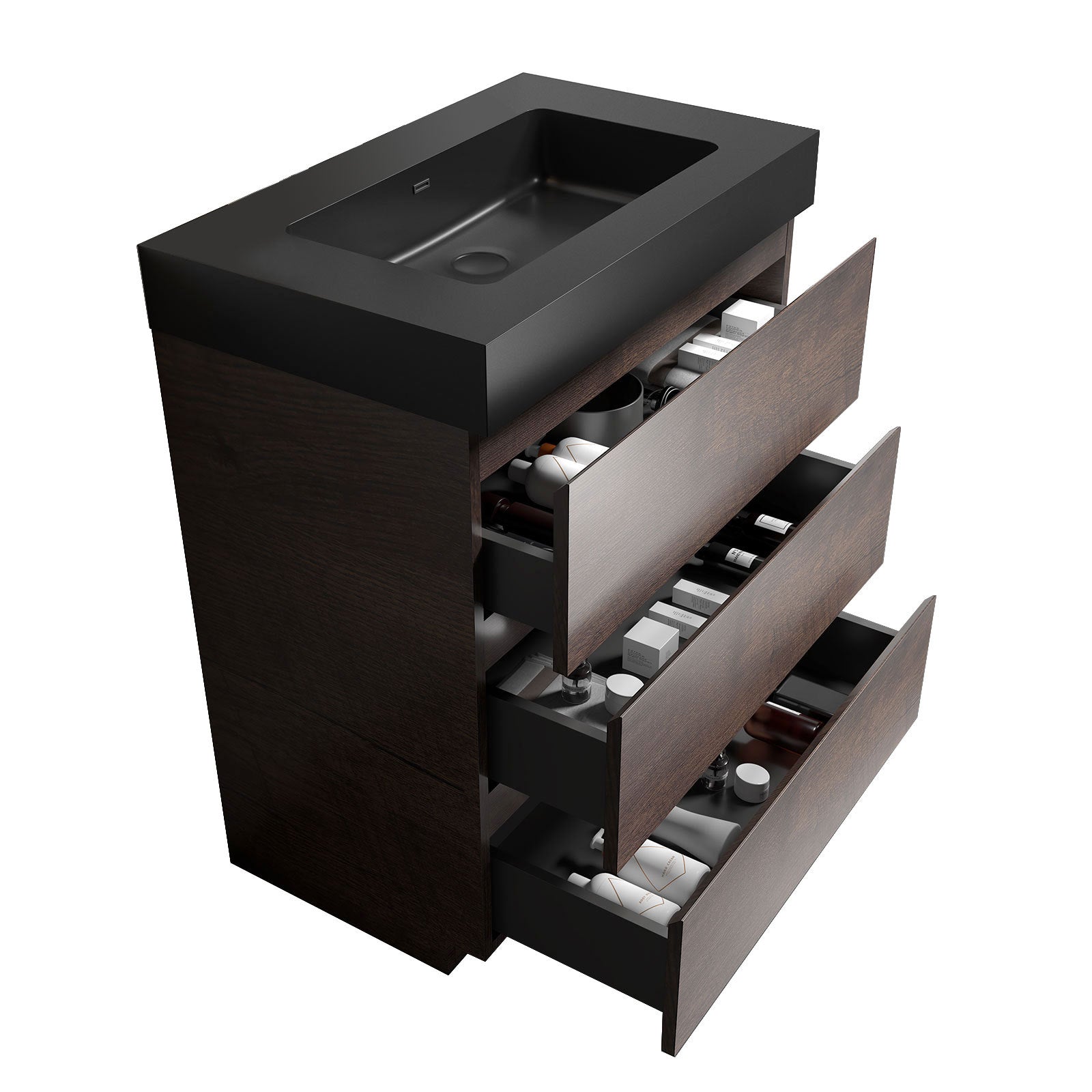 Alice 30' Walnut Bathroom Vanity with Black Sink, Large Storage, Freestanding, Pre-assembled