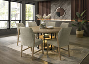 Eden 7Pc 59' Round Rustic Oak Dining Set with LED Light, Black Metal Table Frame, Shelves, Beige Linen Chairs