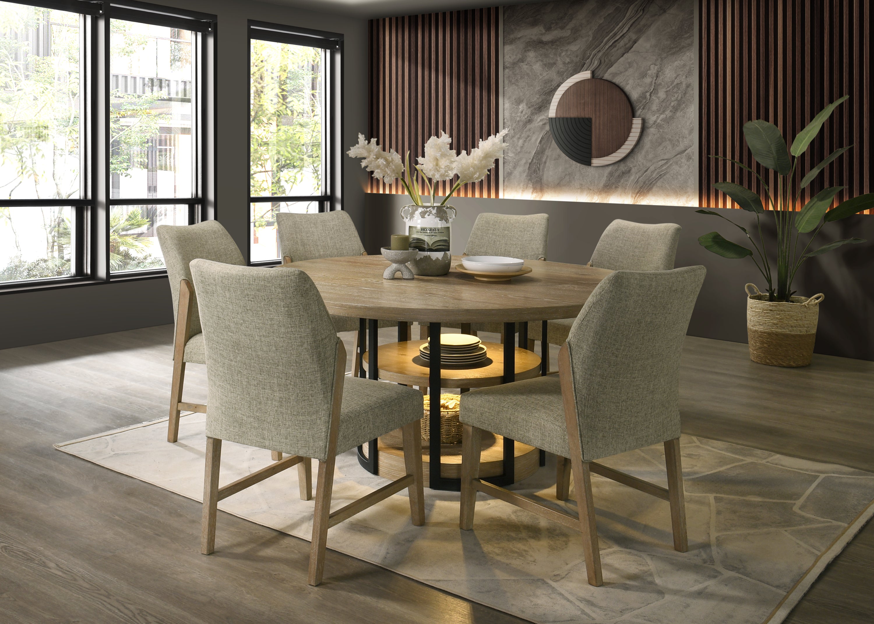 Eden 7Pc 59' Round Rustic Oak Dining Set with LED Light, Black Metal Table Frame, Shelves, Beige Linen Chairs