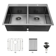 Gunmetal Black Double Bowl Drop-in Kitchen Sink 33'x22' with 16 Gauge Stainless Steel and Two 10' Deep Basins
