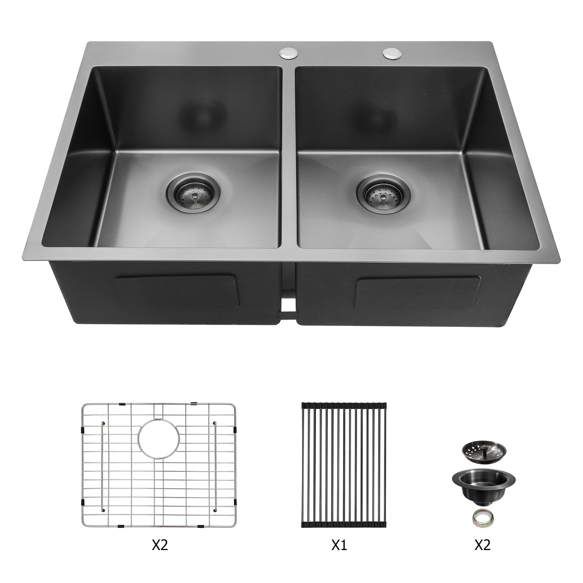 Gunmetal Black Double Bowl Drop-in Kitchen Sink 33'x22' with 16 Gauge Stainless Steel and Two 10' Deep Basins