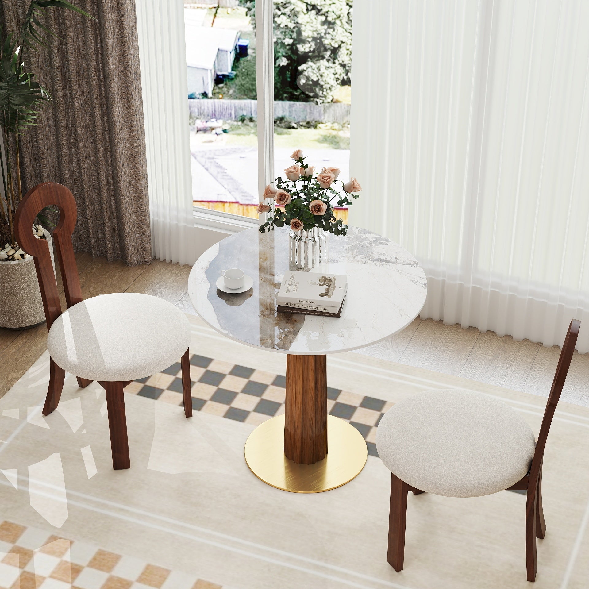 Modern Round Dining Table, 33.5' Sintered Stone Table with Wooden Leg & Gold Base, 2 - Person Kitchen Table for Small Space, 150lbs Weight Capacity(Only the Negotiation Table)
