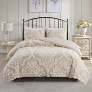 King/Cal King 3 piece Tufted Cotton Chenille Damask Duvet Cover Set