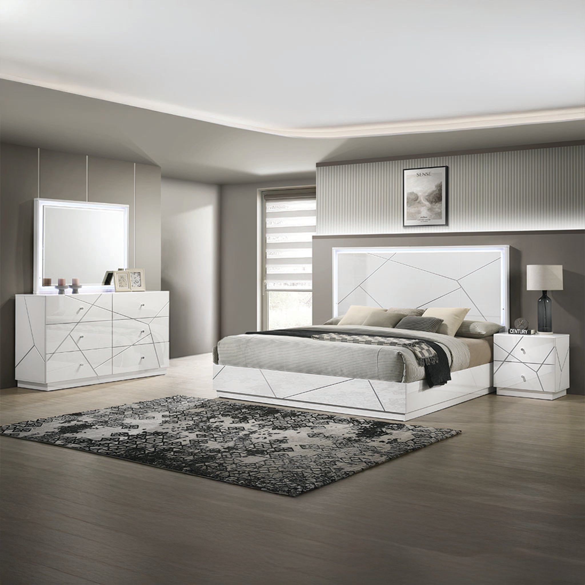 Manhattan King 4-Piece Bedroom Set – Modern Design with Lacquer Finish, Geometric Accents, and LED Lighting (NJ Inventory)