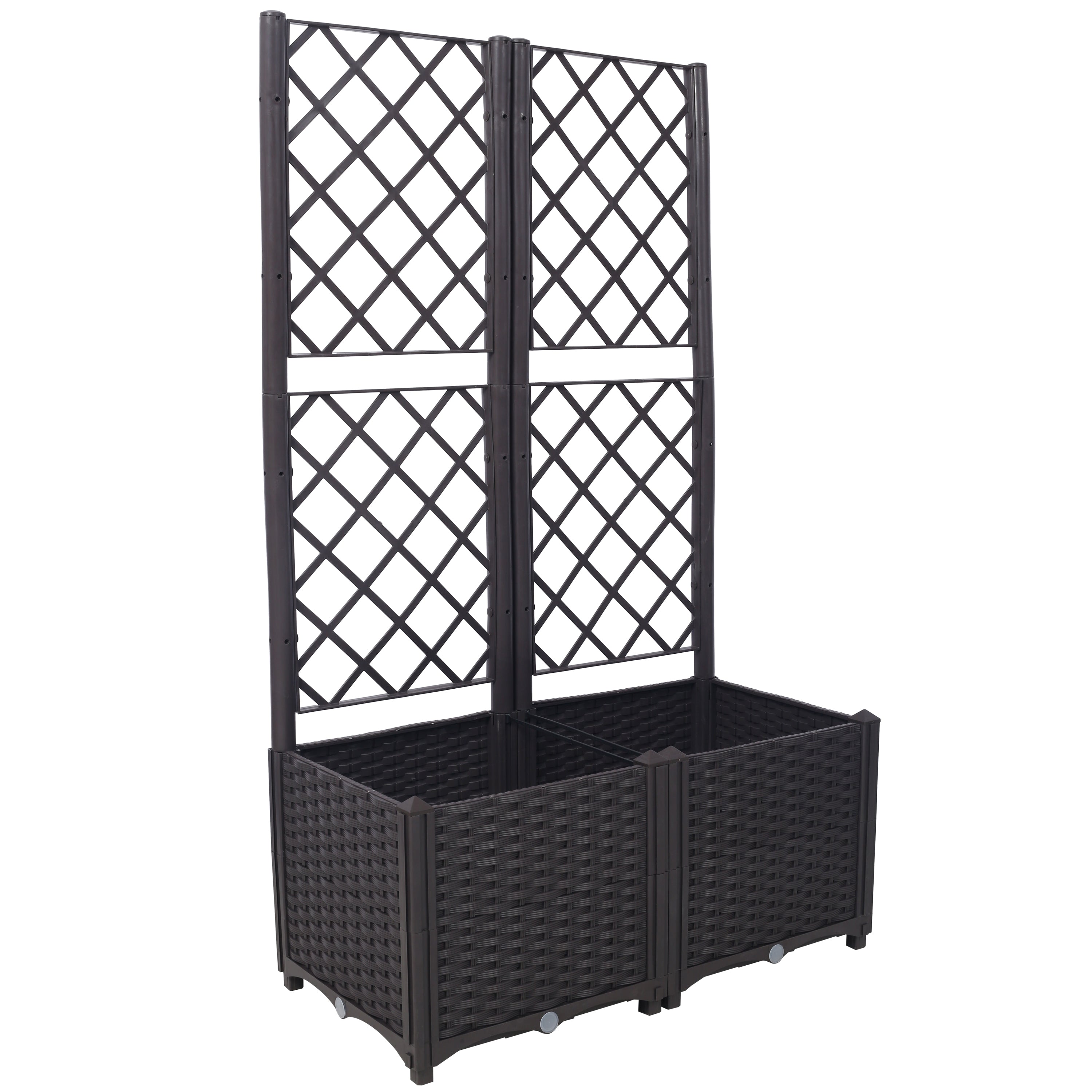 Poly Rattan Brown Trellis Raised Bed  with Drainage Plug - 2 Removable Pots with Large Flower Boxes - Built-in Support for Climbing Plants - Outdoor Patio Garden Decoration