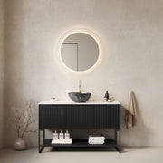 TULIO 48' Bathroom Vanity with Sink, Freestanding Bathroom Storage Cabinet with 3 Doors and Open Shelf, Black Bowl Ceramic Basin with Stone Pattern and Carrara White Sintered Stone Countertop, Black