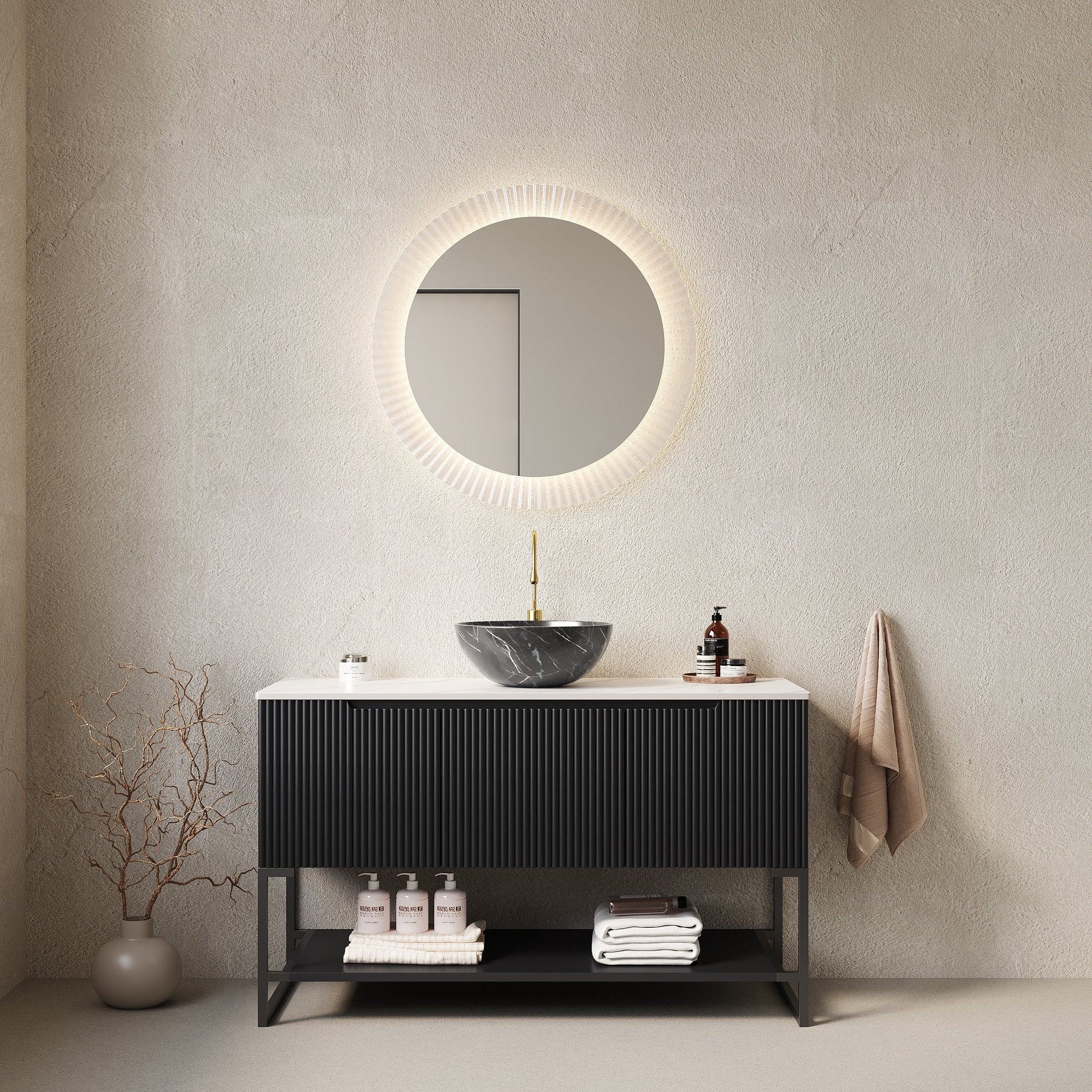 TULIO 48' Bathroom Vanity with Sink, Freestanding Bathroom Storage Cabinet with 3 Doors and Open Shelf, Black Bowl Ceramic Basin with Stone Pattern and Carrara White Sintered Stone Countertop, Black