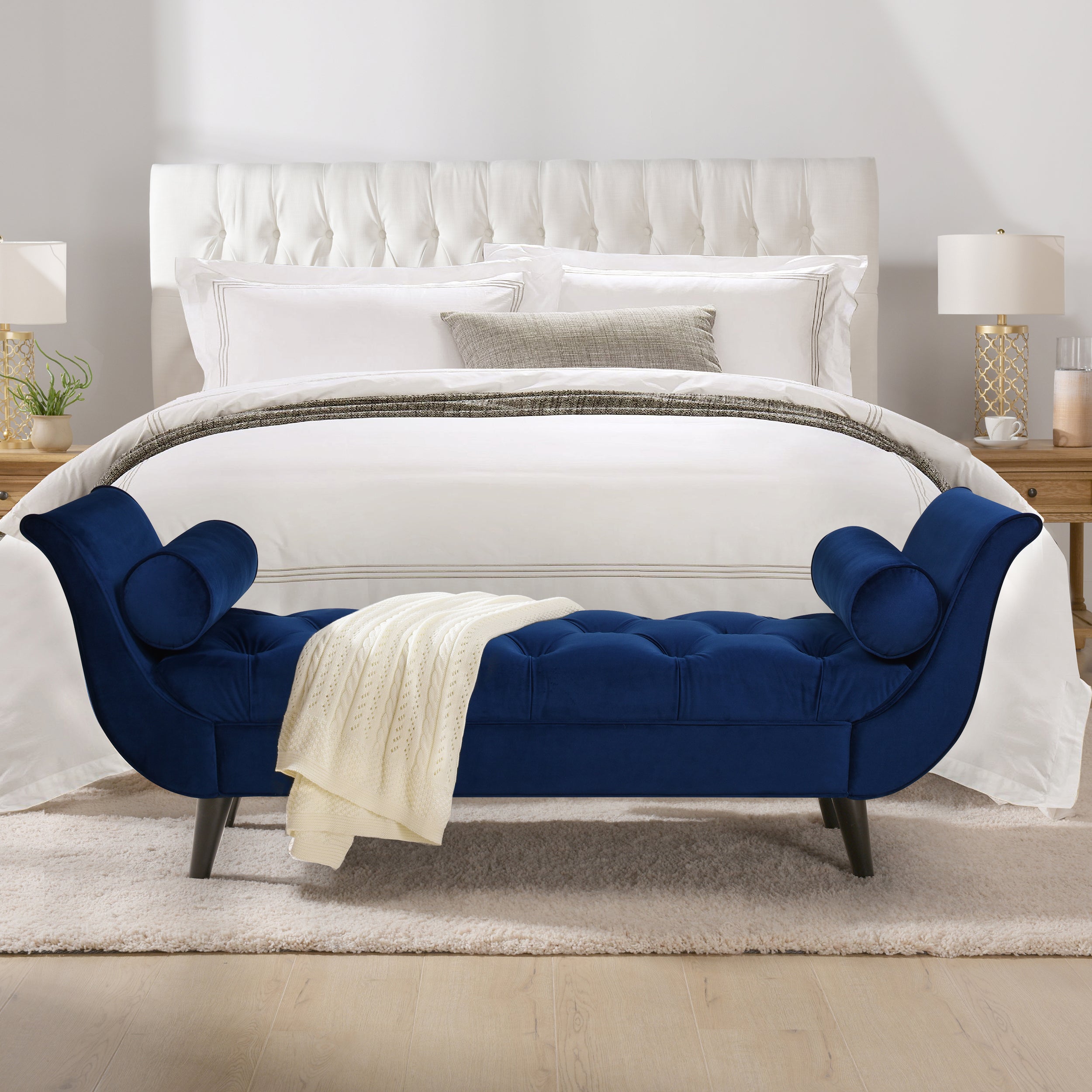 Alma Tufted Flared Arm Entryway Bench, Navy Blue Velvet