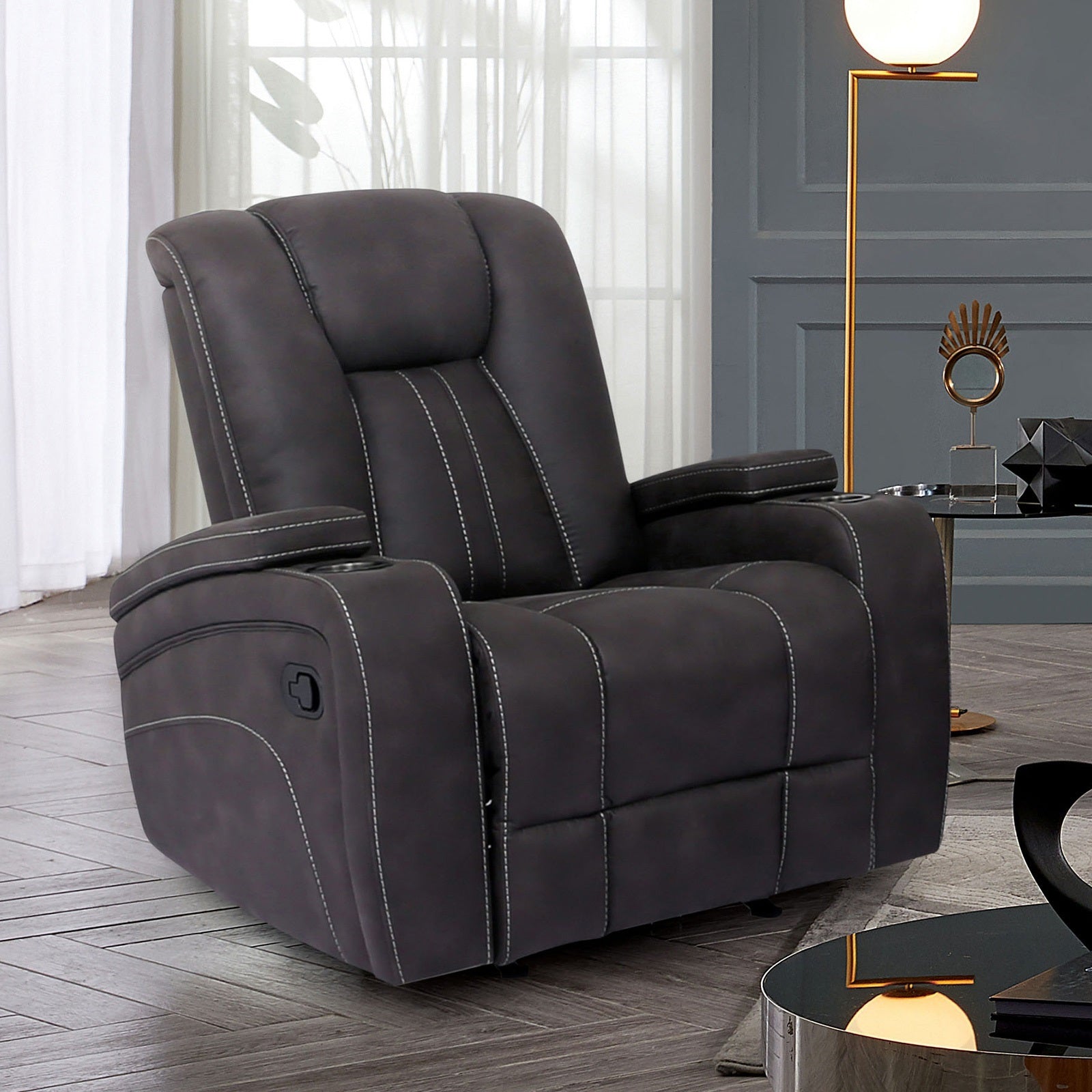 Transitional Style Glider Recliner Channel Back And Seat Design Cup Holder Lift Up Armrest Dark Gray Finish