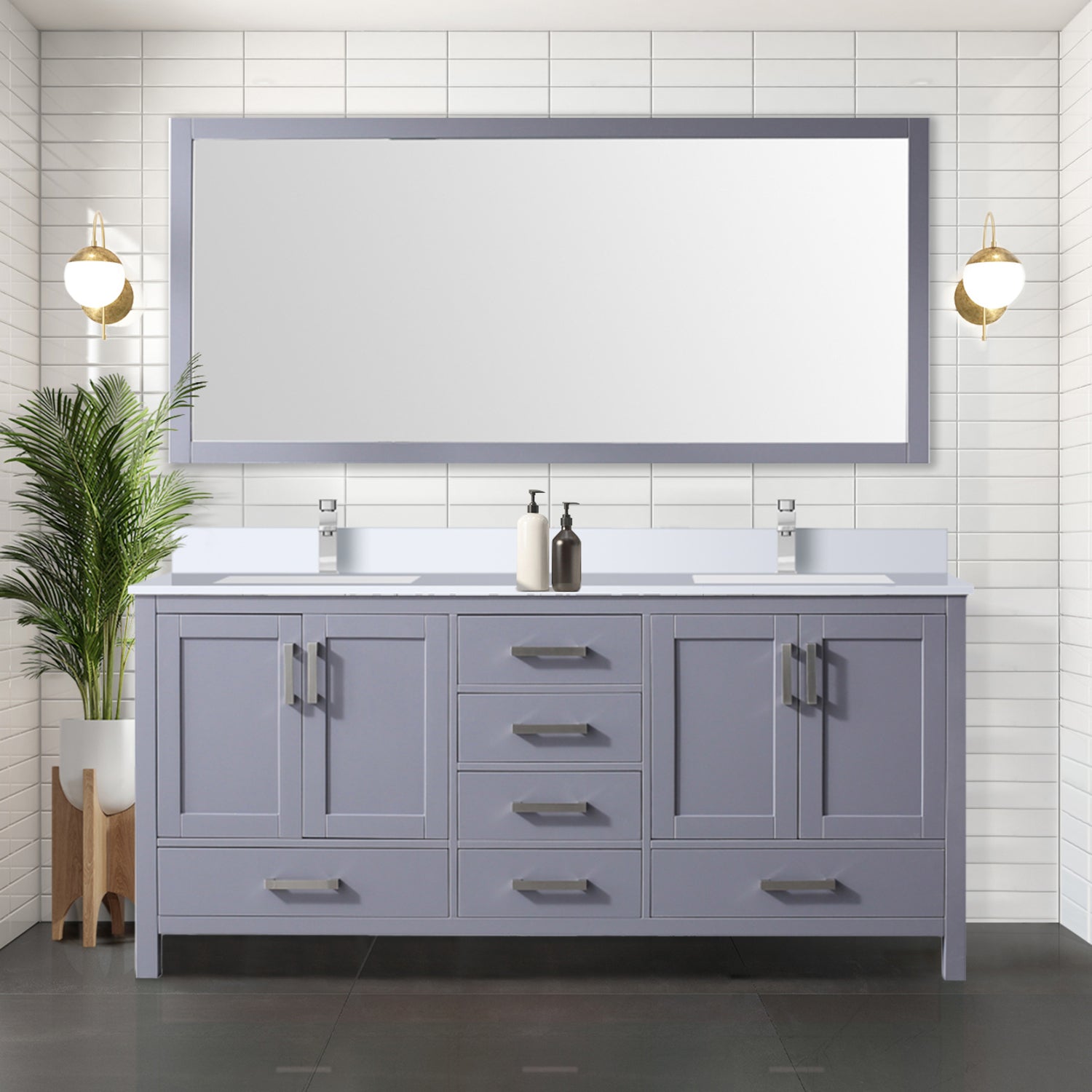 Dark Grey Double Bath Vanity 72 in. W x 22 in. D, White Quartz Top, and Faucet Set