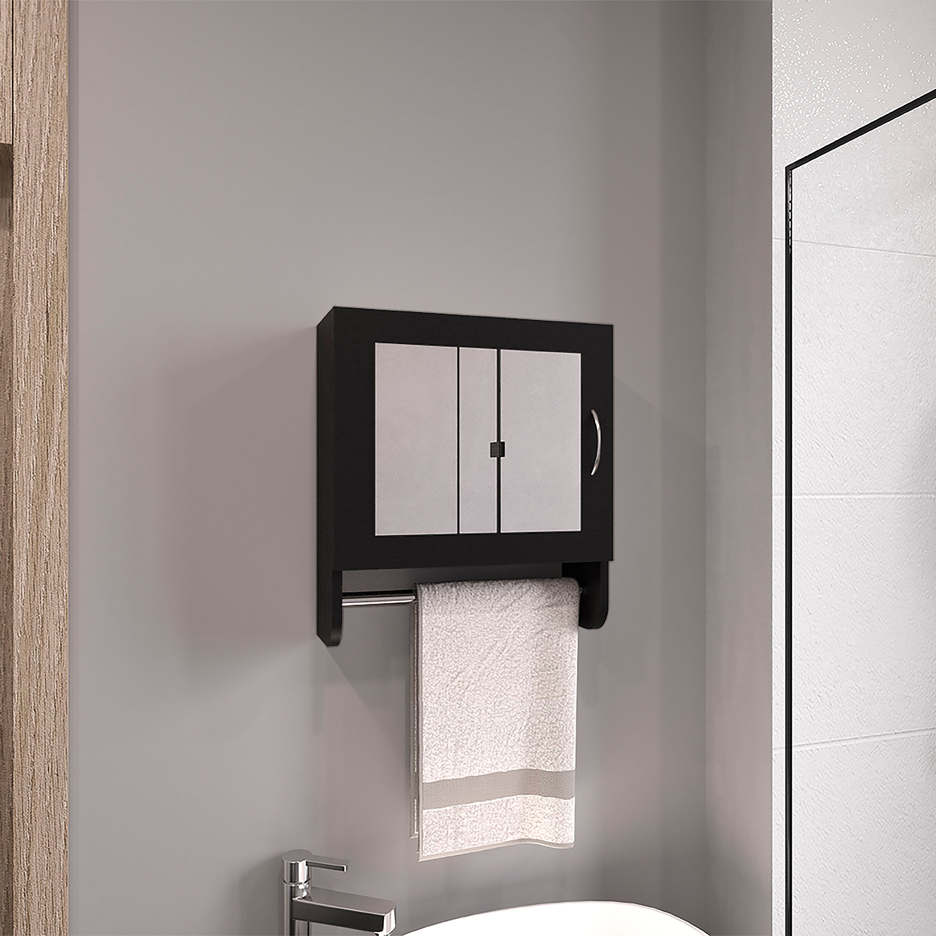 BOTIQ 19.7' H x 17.7' W Mirror Medicine Cabinet with Towel Rack White, One door with Two interior Shelves for Bathroom, Kitchen Black