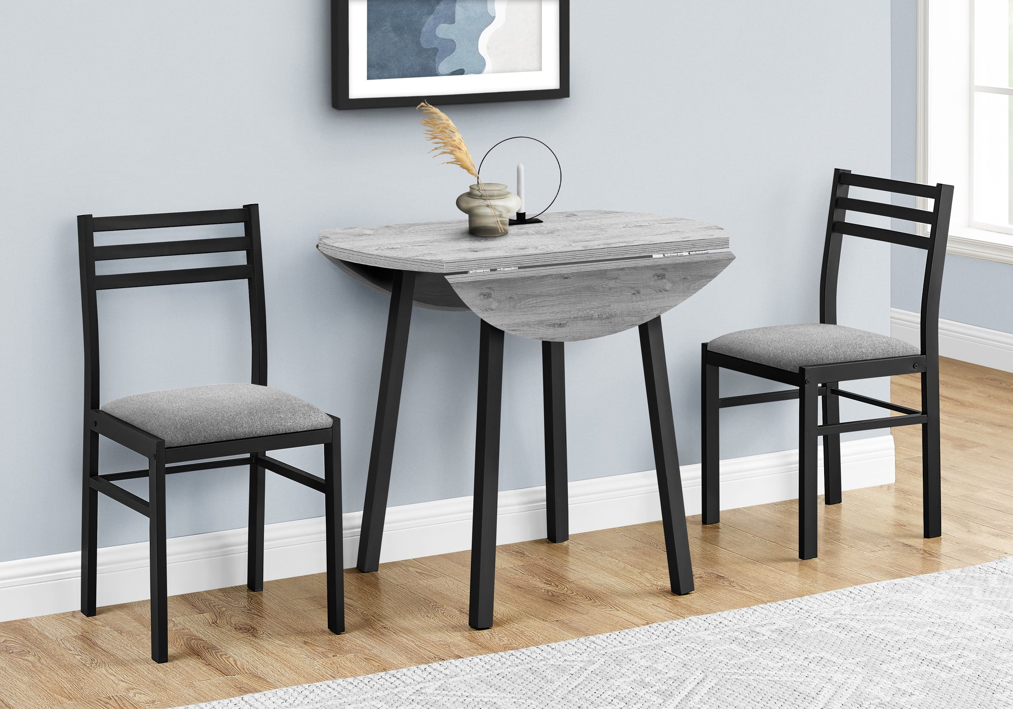 Dining Table Set, 3pcs Set, Small, 35' Drop Leaf, Kitchen, Black Metal, Grey Laminate, Contemporary, Modern