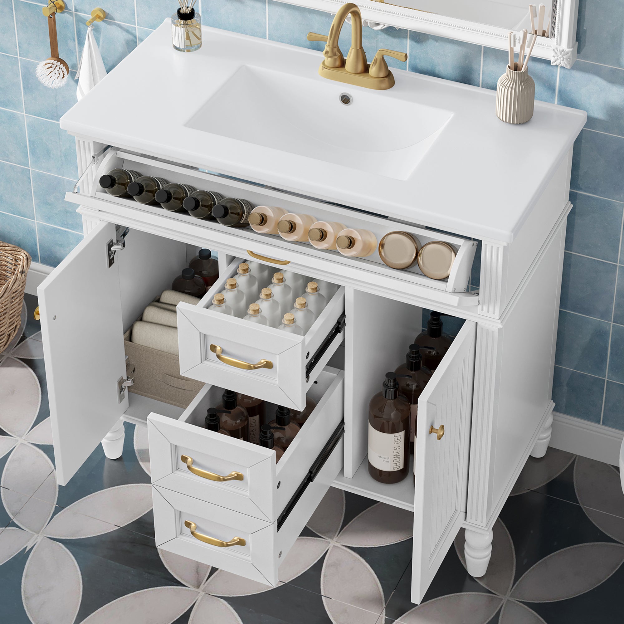 36 Inch Bathroom Vanity with Sink Combo, White Freestanding Cabinet with Ceramic Basin, MDF + Solid Wood Frame, Flip-Out Top Drawer, Soft Close Doors, 2 Storage Drawers, Golden Handles