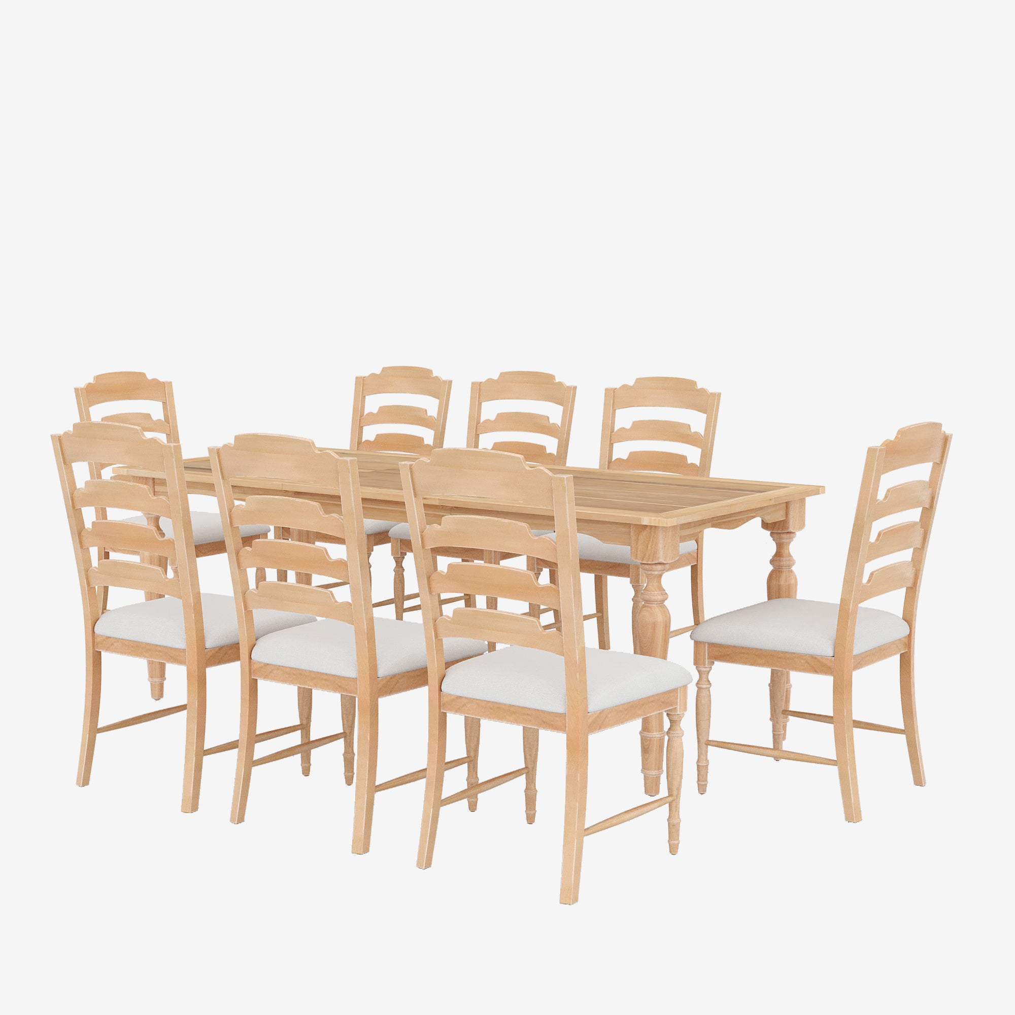 TOPMAX Vintage Traditional 9-Piece Extendable Dining Table Set with Removable Leaf & Upholstered Chairs, Natural Rubber Wood