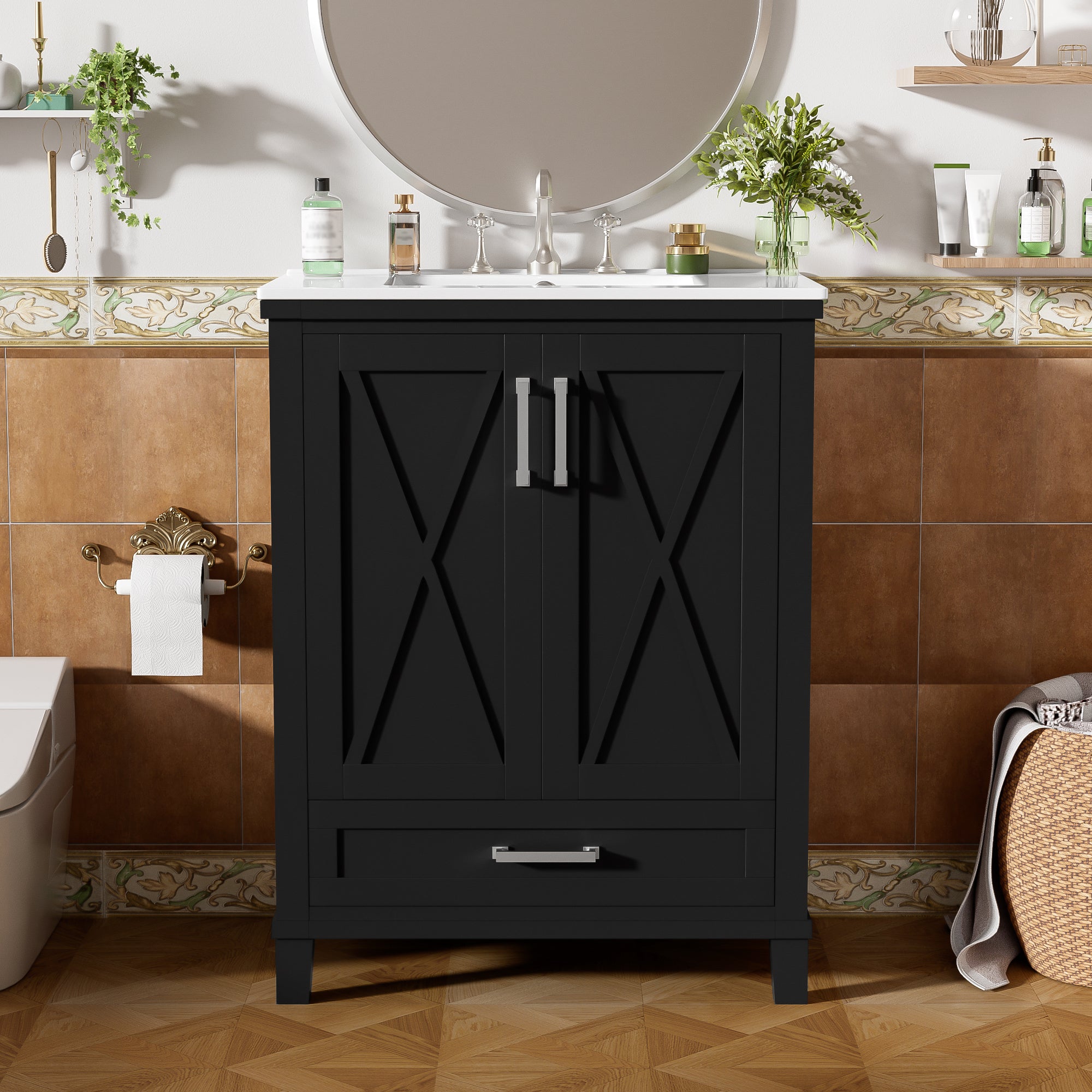 24-inch Bathroom Vanity with Single Sink, Solid Wood Frame + MDF, 2 Soft-Close Doors, 1 Divided Drawer, Dual Storage Shelves, Ample Storage Space