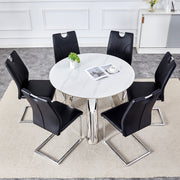 Table and chair set.A 42-inch stainless steel leg round table .Paired with 6 Uniquely designed Black Dining Chairs With Silver Metal Leg.Sintered Stone Tabletop,Stainless Steels Table Legs.