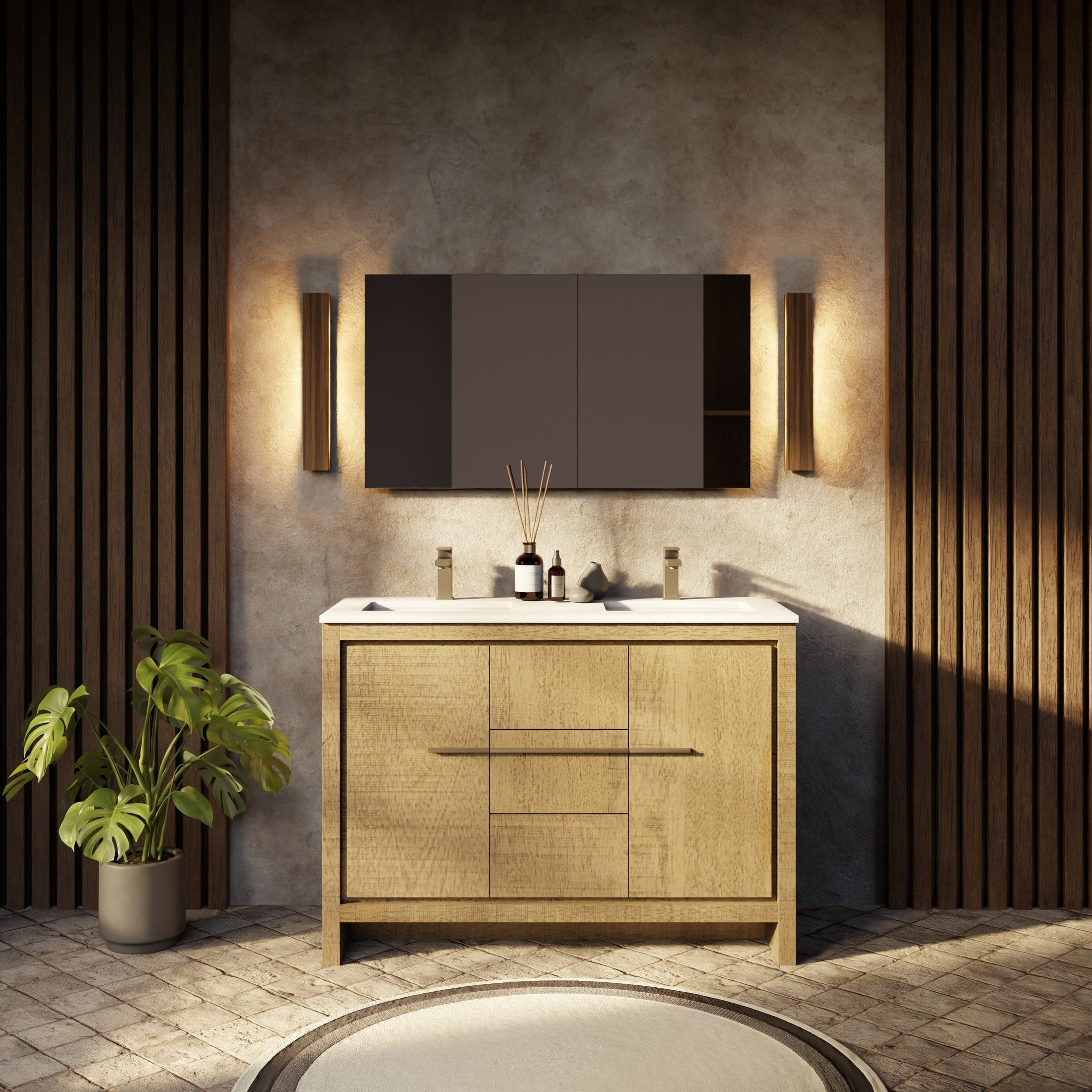 Rustic Acacia Double Bath Vanity 48 in. W x 20 in. D, Cultured Marble Top and Gun Metal Faucet Set