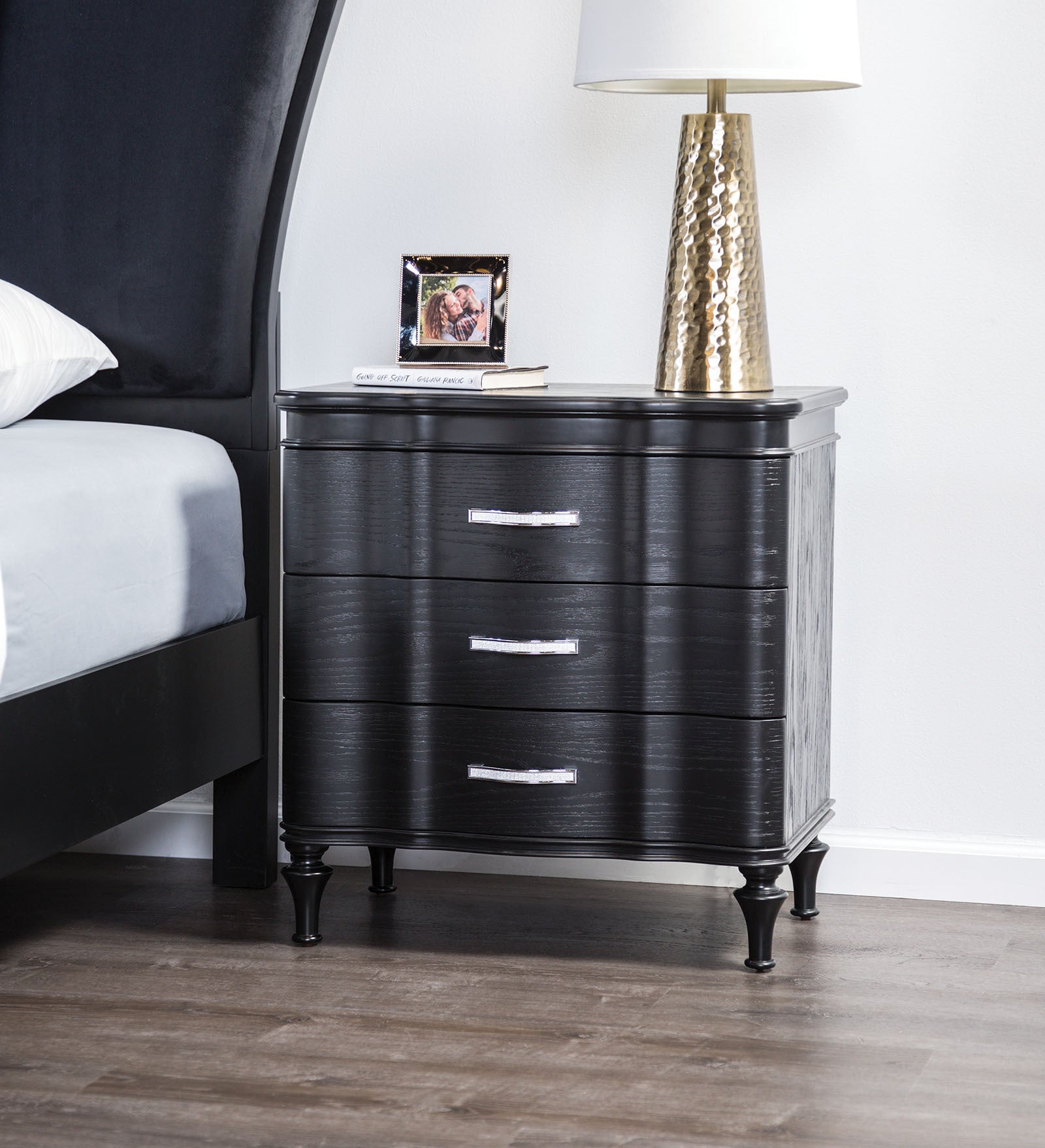 1pc Nightstand Exquisite Bedroom Black Solidwood Turned Wood Legs Bedside Table Furniture Curved Front Panels