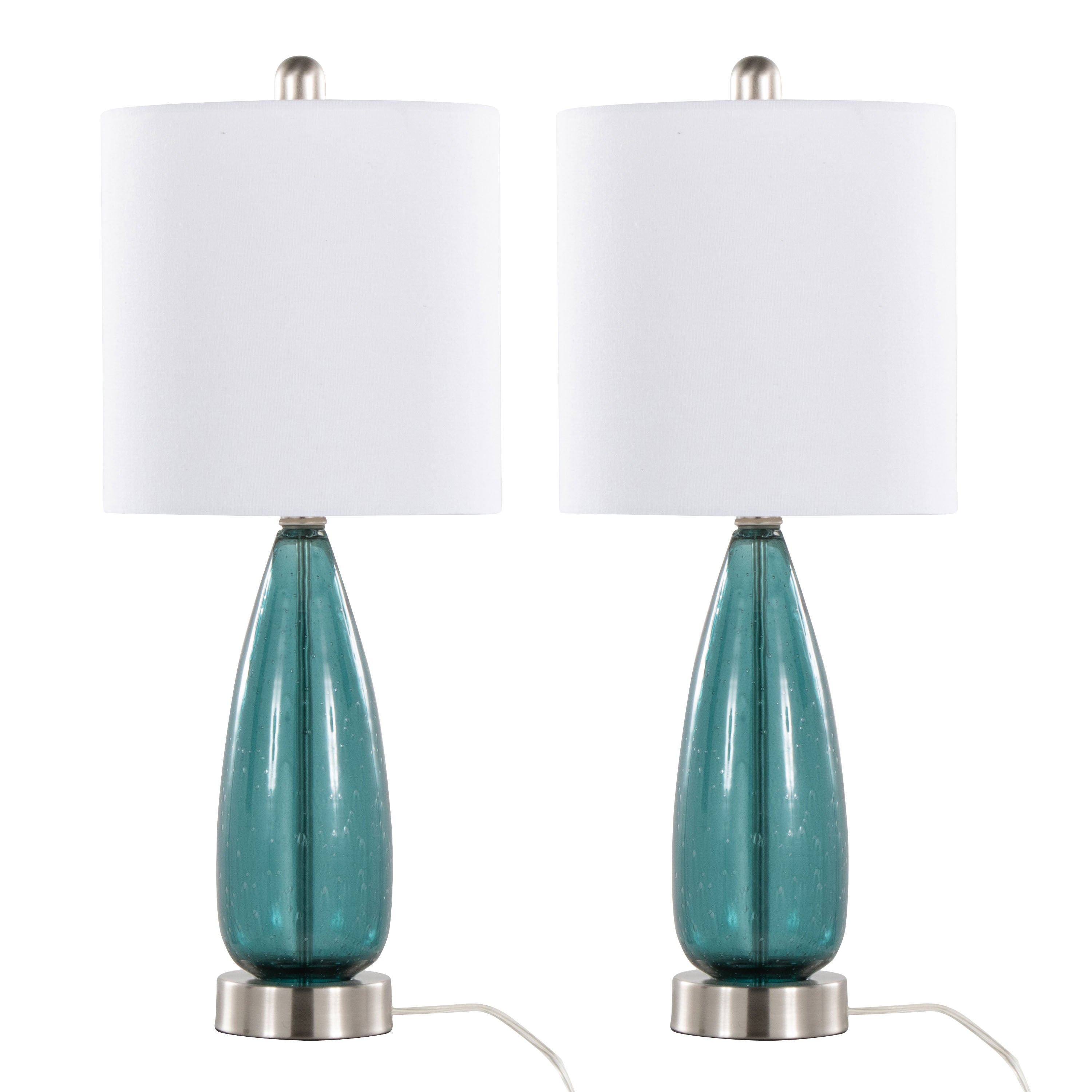 Bottega 22' Contemporary Glass Table Lamp in Sapphire Blue Seeded Glass, Brushed Nickel and White Linen Shade from Grandview Gallery by LumiSource - Set of 2