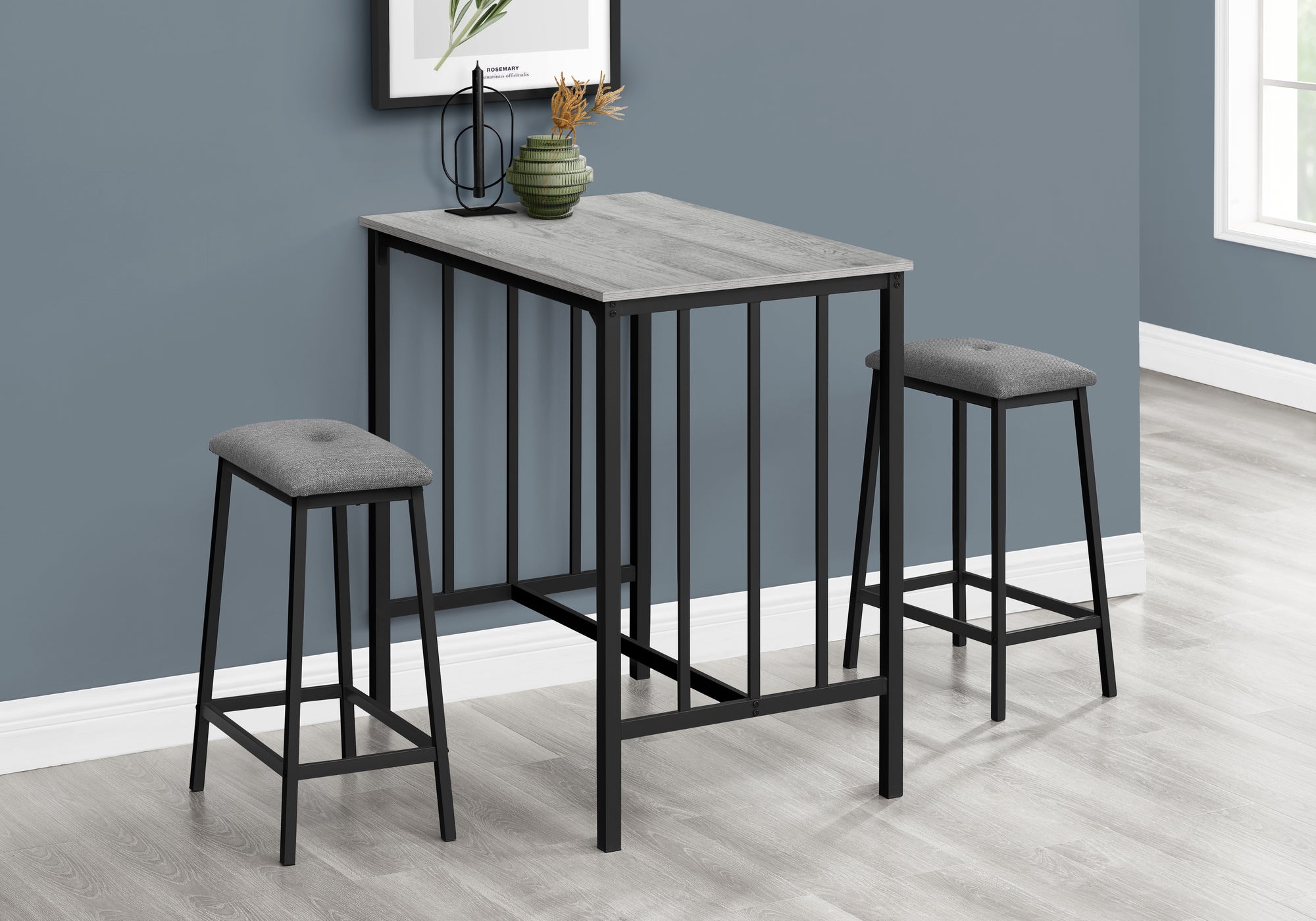 Dining Set, 3pcs Set, Counter Height, 36' Rectangular, Small, Kitchen, Grey Laminate, Black Metal, Contemporary, Modern