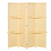 HOMCOM 4-Panel Folding Room Divider, 6 Ft Freestanding Bamboo Privacy Screen Panel with Storage Shelves for Bedroom or Office, Natural Wood Color