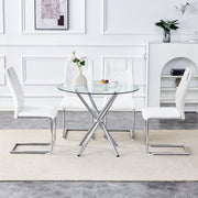 Table and chair set.36.6'Round clear glass dining table with a unique shape with ring-shaped gathered silver metal legs.Paired with 4 White high-quality PU dining chairs with silver metal legs.