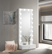 1pc Glam Tall Lighted Mirror with Drawer Box Beveled Mirror Crystal Knob Glossy White Finish Vanity